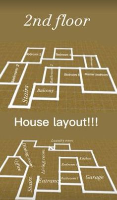 two floor plans with the words house layout in white and brown, on top of each other