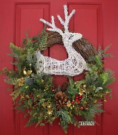 White Deer Christmas Winter Front Door Wreath - inthegardenandmore.com Foam Wreath, Xmas Wreaths, Pillows Flowers, Winter Magic, Pine Green, Elegant Christmas, Christmas Deer, Christmas Deco, Red Berries