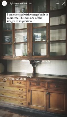 an old wooden cabinet with glass doors and shelves in the middle, labeled'i am pleased with vintage built - in cabinets this was one of the images of impartion