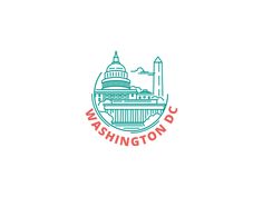 the washington d c logo is shown in blue and red, with capitol building in the background