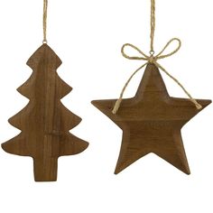 two wooden christmas ornaments hanging from twine strings on a white background, one is shaped like a tree and the other is shaped like a star