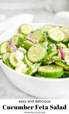 cucumber feta salad in a white bowl with the title text overlay