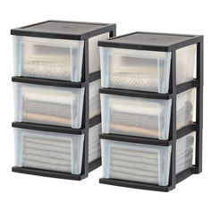 three plastic storage containers stacked on top of each other, one with clear lids and the other black