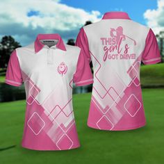 AIO Pride This Girl'S Got Drive Pink Golf Short Sleeve Women Polo Shirt, Pink Pattern Golfing Shirt, , Female Golf Gift All of our Polo Shirt are custom-made-to-order and handcrafted to the highest quality standards. Each shirt is constructed from a premium polyester blend that is ultra-soft and incredibly comfortable. This shirt has some great features, it has 3 buttons, elastic collar, and cuffs. Extremely soft to the touch, durable and breathable. Features a specialty high definition heat-dye Pink Short Sleeve Tops For Golf, Pink Sporty Collared Top, Sporty Pink Collared Top, Golf Inspiration, Girls Golf, Golf Gift, Shirt Female, Pink Pattern, Sleeve Women