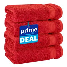 five red towels stacked on top of each other with the words prime deal written on them