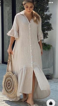 Tunik Linen, Shirt Maxi Dress, Linen Fashion, Maxi Dress Sale, Maxi Shirt Dress, Ruffled Maxi Dress