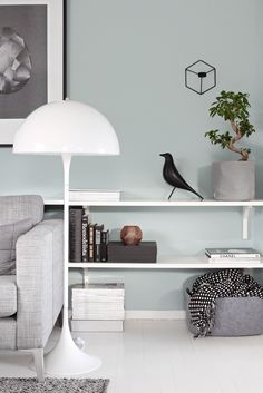 a living room with a couch, lamp and bookshelf