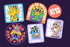 four stickers with cartoon characters on them in different colors and sizes, including one for the