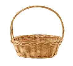 a wicker basket with handles on a white background