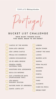 the portugal bucket list is shown in pink