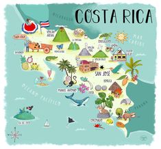 an illustrated map of costa rica with all the main cities and major attractions in it