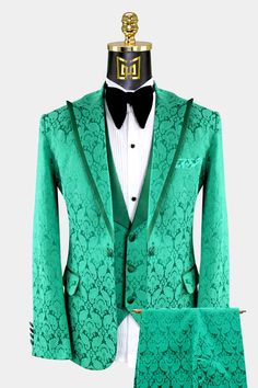 Green Tuxedo Suit For Wedding, Green Tuxedo Style Three-piece Suit For Wedding, Green Fitted Elegant Sets, Elegant Fitted Brocade Blazer, Elegant Brocade Tuxedo For Wedding, Fitted Green Three-piece Suit For Groom, Tailored Green Three-piece Suit For Groom, Green Fitted Three-piece Suit For Groom, Luxury Brocade Suit For Formal Occasions