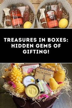 two buckets filled with different types of items and the words treasures in boxes hidden gems of gifting