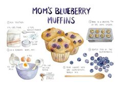 a blueberry muffins recipe is shown in this watercolor illustration, with the ingredients to make it