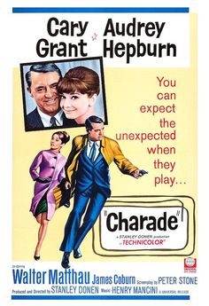 an old movie poster for charade starring actors cary and audrey heppurnn