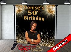 an image of a birthday party backdrop with a woman in black and gold on it