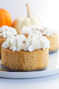 pumpkin cheesecake with whipped cream on top sitting on a plate next to an orange and white pumpkin