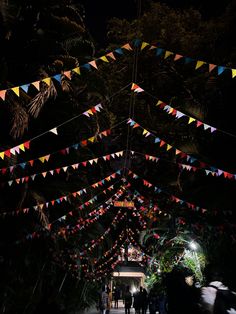 people are walking under colorful flags in the dark