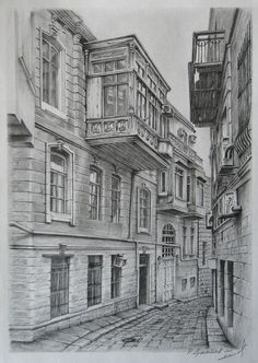 a pencil drawing of an old street with buildings and balconies in the background