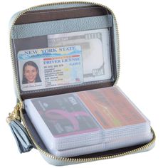 an open purse filled with passport and id cards