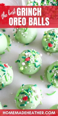 the best grinch oreo balls recipe with green frosting and sprinkles