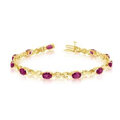 10K Yellow Gold Oval Ruby Stones And Diamonds Tennis Bracelet, 7" Ruby Bracelet Gold, Romantic Anniversary Gifts, Pearl Anklet, Solid Gold Bracelet, Ruby Bracelet, Gold Armband, Diamond Tennis Bracelet, Gold Bracelet For Women, Pink Topaz