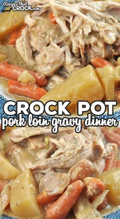 crock pot pork and vegetable dinner on a blue plate