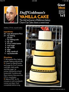 an advertisement for a cake that is yellow and black