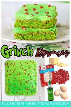 green brownies with red and white sprinkles on them, next to an egg