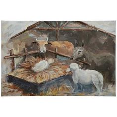 an oil painting of sheep and lambs in a stable