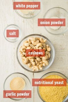 the ingredients to make cashews are shown in bowls