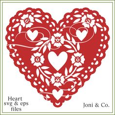 a red heart with flowers and hearts cut out of it's sides, on a white background