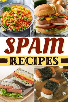 the cover of spam recipes is shown with pictures of sandwiches, salads and other foods