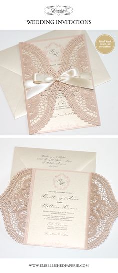 the wedding stationery is shown in two different colors and sizes, with an elegant lace design