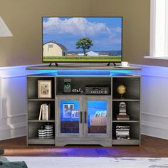 Specification: Color: Gray Style: Modern Material: Engineered Wood, MDF Product Dimensions: 47.2"L x 16.3"W x 32.6"H Number of Items: 1 Special Feature: Charging Station, LED Lights, Open Shelves Room Type: Living Room, Home Office Assembly Required: Yes Size: 47.2x16.3x32.6. Corner Tv Stand, Corner Tv, Living Room Home Office, Room Home Office, Tv Stands And Entertainment Centers, Open Shelves, Power Outlet, Charging Station, Room Type