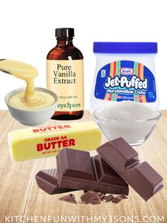 ingredients to make peanut butter fudge on a wooden table