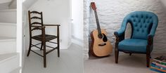 there is a blue chair and a guitar on the floor next to each other in this room