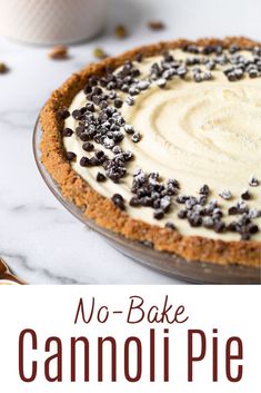 no - bake cannoli pie with chocolate chips on top and text overlay