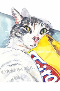 a watercolor painting of a cat holding a bag of chips in it's mouth