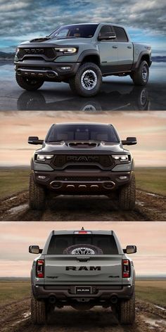 the four different trucks are shown in three different pictures, one is silver and the other is black