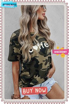 Women's Coffee Graphic Print Camo T-shirt Coffee Graphic Tee, Long Tunic Tops, Camo Tee, For Your Love, Chambray Dress, Cute Summer Dresses, Mini Shift Dress, Sleeveless Sweater, Casual Tee