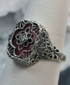 Rose Camphor Glass Ring/ Solid Sterling Silver/ Pink/Rose Camphor Glass with Cubic Zirconia Art Deco Filigree [Custom Made] Design#204 Camphor Glass Jewelry, Cathedral Design, Steampunk Jewellery, Pink Rectangle, Art Deco Filigree, Intricate Art, Antique Filigree, Gemstone Art, Glass Ring