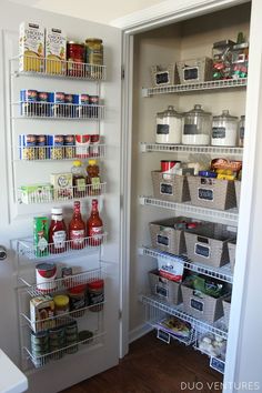 the pantry is stocked with various foods and condiments