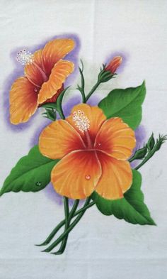 two orange flowers with green leaves on a white background, painted in acrylic paint