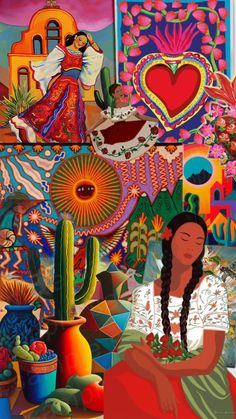 a painting of a woman sitting on the ground in front of a cactus and other items