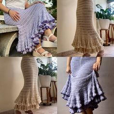 three pictures of a woman wearing a skirt with ruffles