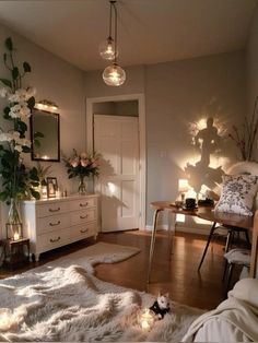 a living room filled with furniture and lots of lights