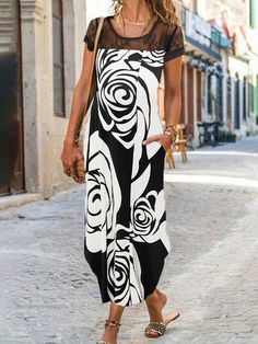 Women's Boho Maxi Dress Lace-Paneled Floral Printed Short Sleeve Holiday Dress Black Lace Patchwork Maxi Dress For Summer, Black Maxi Dress With Lace Patchwork For Summer, Summer Lace Patchwork Dress, Casual Black Dress With Lace Patchwork, Black Lace Patchwork Maxi Dress For Spring, Spring Black Maxi Dress With Lace Patchwork, Black Maxi Dress With Lace Patchwork For Spring, Casual Fitted Lace Patchwork Maxi Dress, Casual Patchwork Maxi Dress For Party