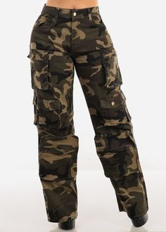 High Waist Straight Wide Leg Camo Cargo Pants Cargo Pants Camo, Camouflage Cargo Pants, Camo Cargo Pants, Olive Color, Stretchy Material, Bottoms Pants, Cargo Pants, Camouflage, Casual Pants