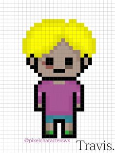 a pixellated image of a person with yellow hair and blue shorts, wearing a pink shirt